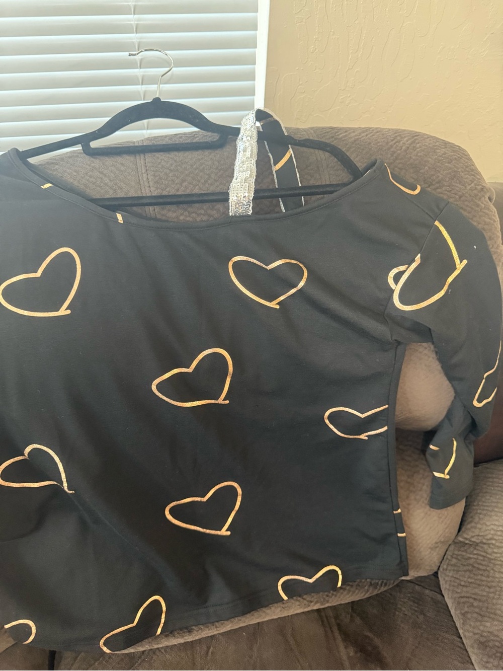 Black Long Sleeve Top with Gold Heart Print